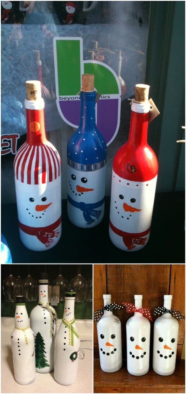 Расписные бутылки со снеговиками