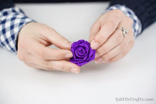 Скручивание фиолетовой розы из папиросной бумаги